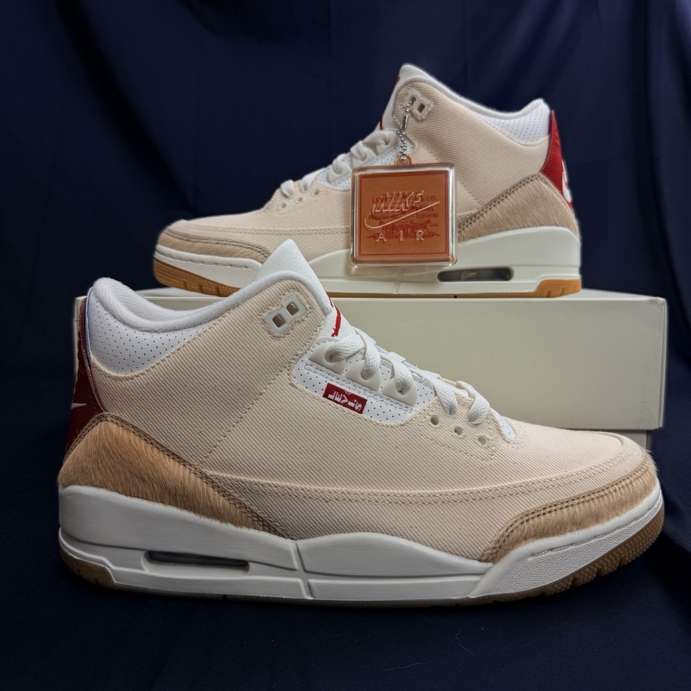 Jordan 3 Retro Levi's Men's Size 9 Lunar New Year Denim Sail Gym Red Sneakers